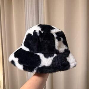 Cow Print Black and White Fur Bucket Hat